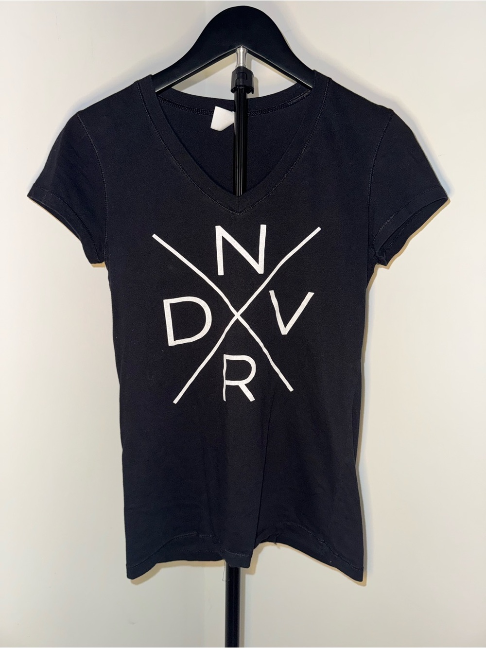 Black V-Neck Graphic Tee with White Print